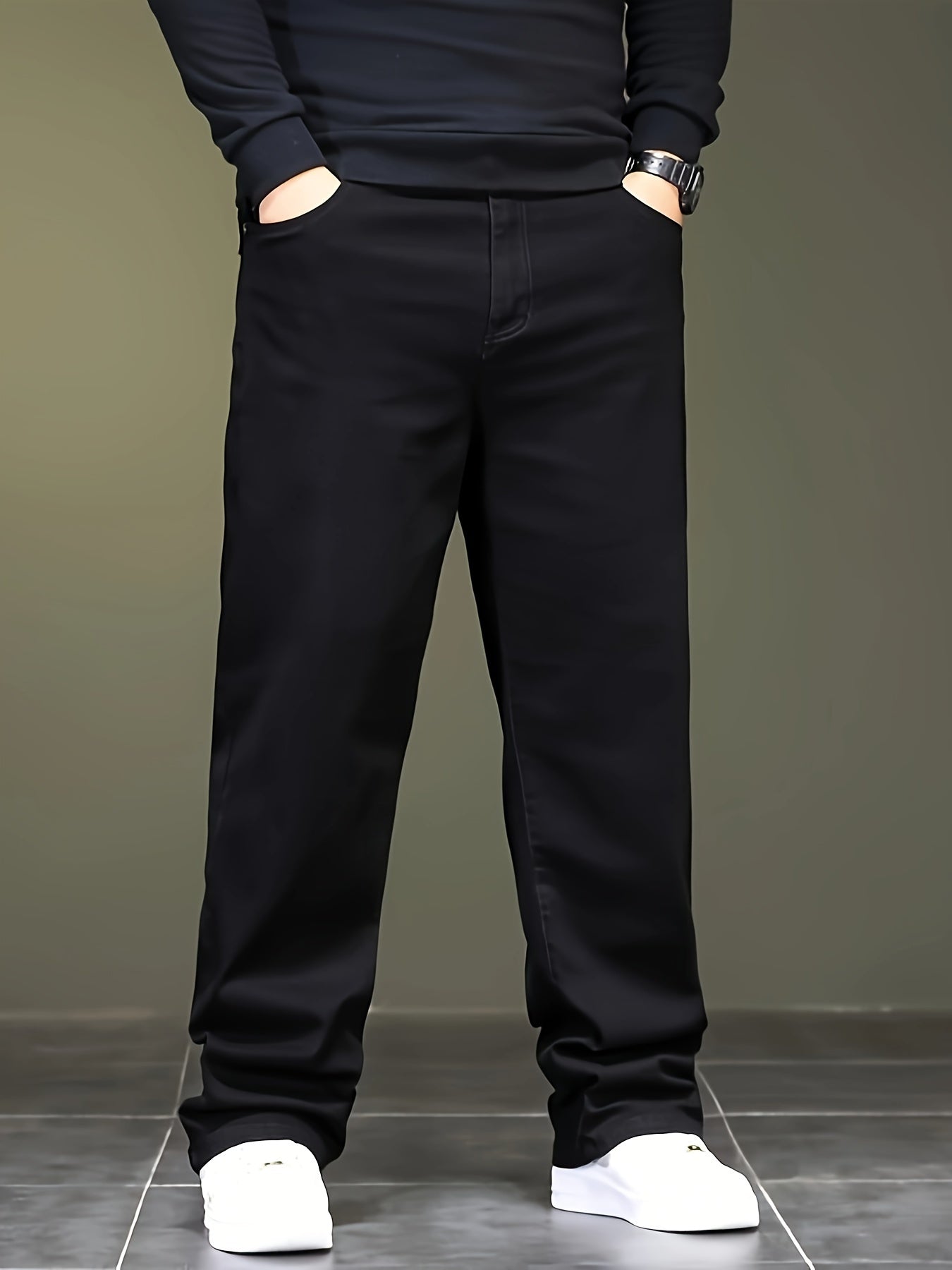 Plus-Size Men Denim Pants Spring Fall Casual Straight Leg Woven Medium Stretch