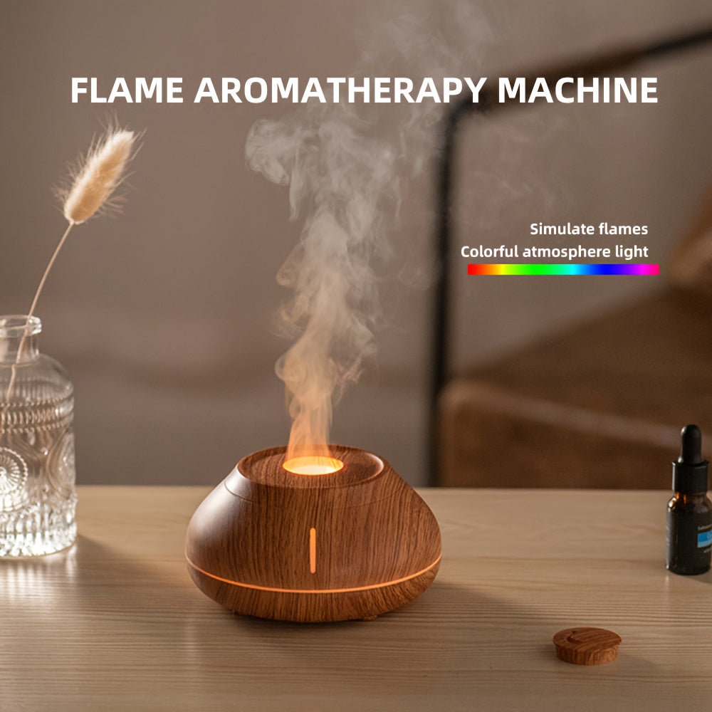 Wood Grain Aromatherapy Diffuser with 7-Color LED and Flame Effect Portable USB Humidifier for Bedroom Office Living Room