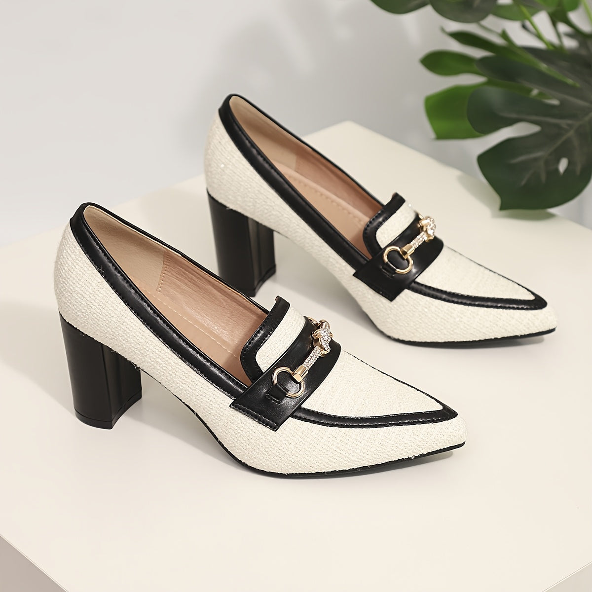 Ayollar uchun qalin blok poyabzal Mary Jane, ikki rangli, nuqtali barmoq