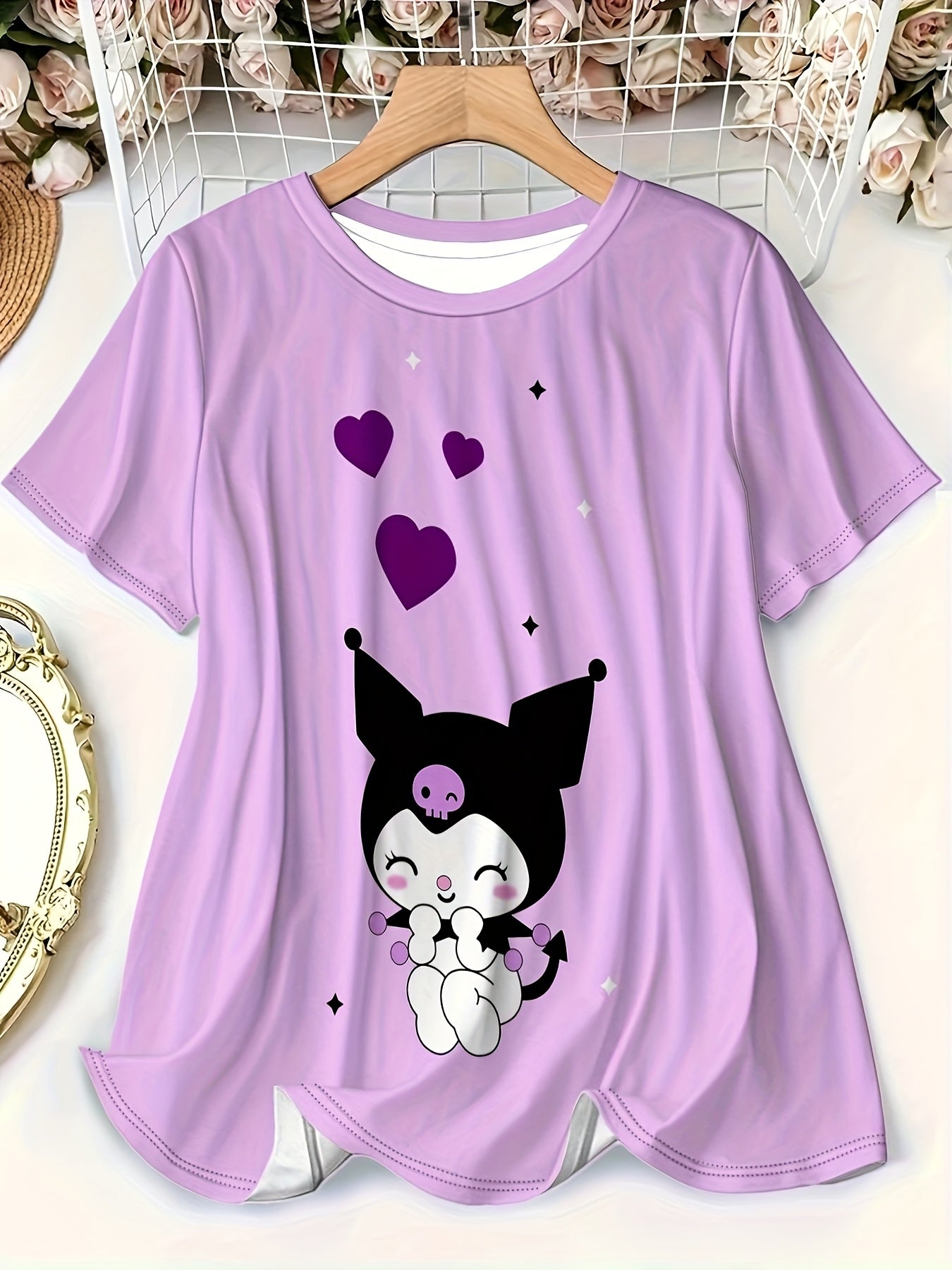 Women's Plus Size Graphic T-Shirt with Hearts and Stars, Short Sleeve, Soft Fabric