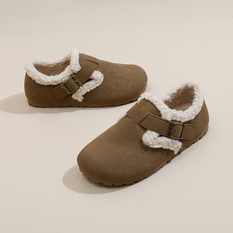 Women's Flannel-Lined Ankle Booties Casual Flat Heel Buckle Closure