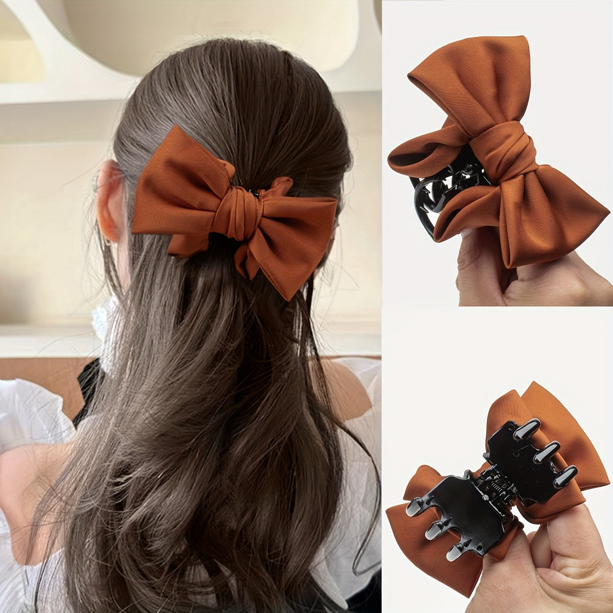 Women's Hair Clip Bowknot Non-Slip Fabric Hair Accessory for Ponytails in Khaki and Black