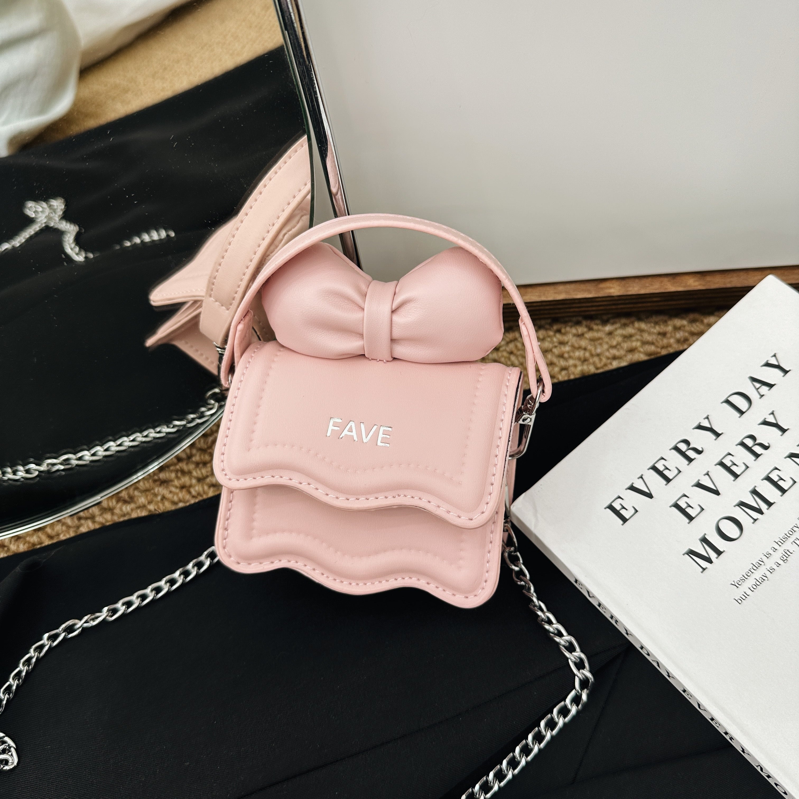 Kids Girls Pink Crossbody Bag with Bow Accent and Embossed Flap for Daily Use