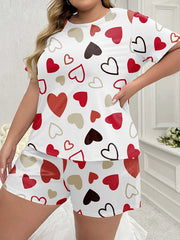 Women's Plus Size Heart Pattern Casual Shorts Pajama Set Polyester Knit