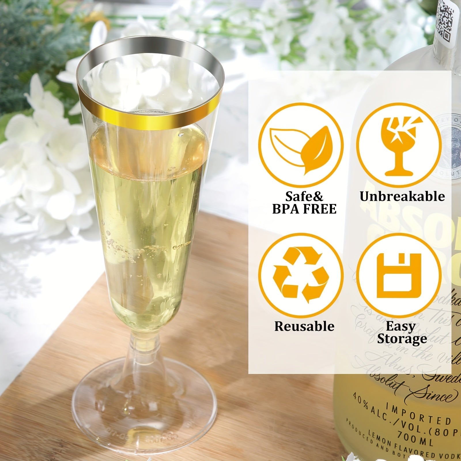 25 Pack Plastic Champagne Flutes 5.5 Oz Gold Rim Recyclable Party Glasses