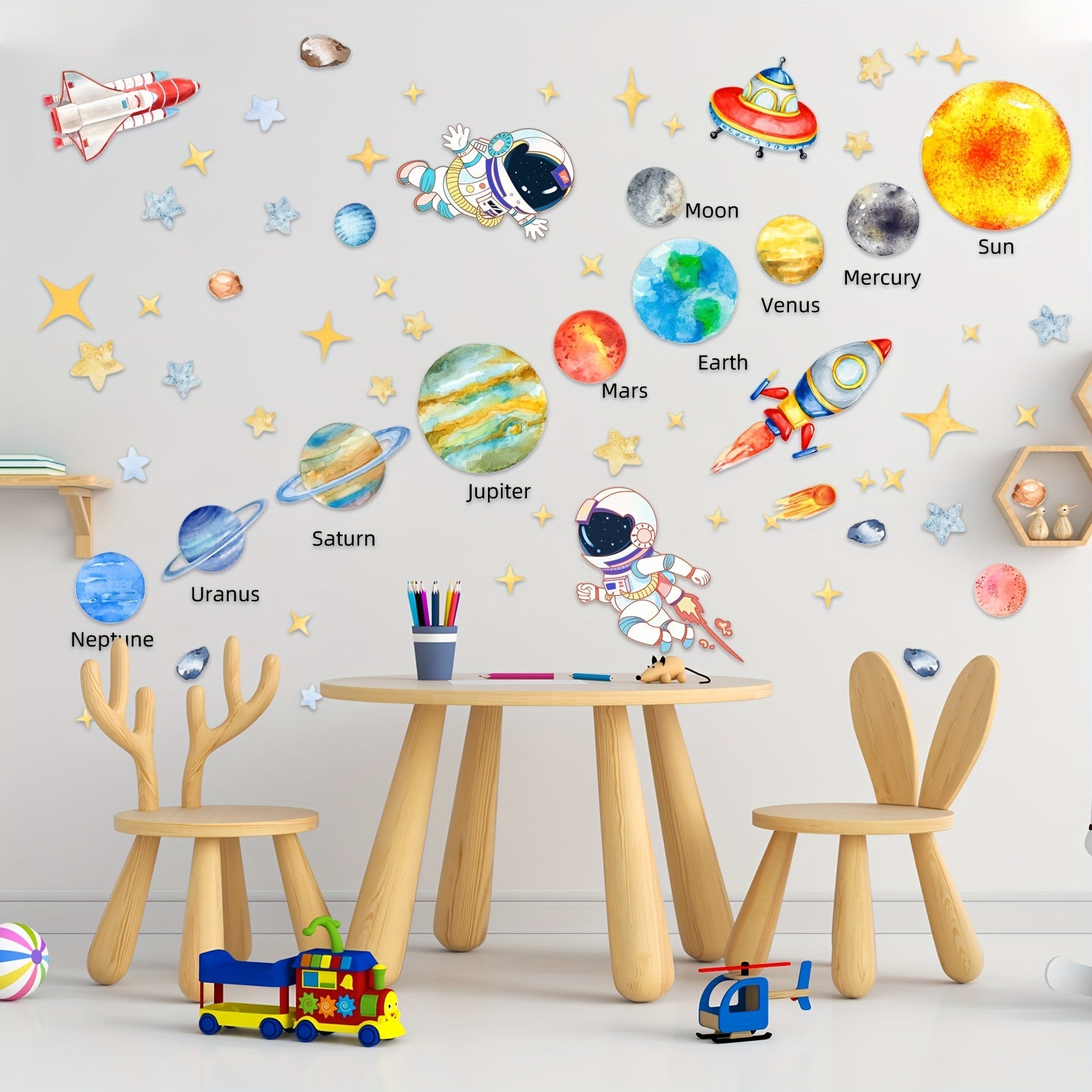 Space Themed Wall Decals Set with Astronauts Stars UFOs Planets and Spaceships 160x80cm