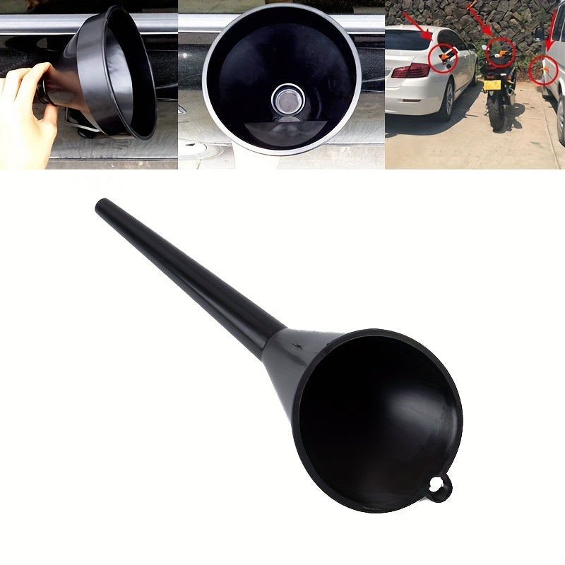 Black Plastic Oil Funnel with Long Neck and Hanging Hook for Automotive Use