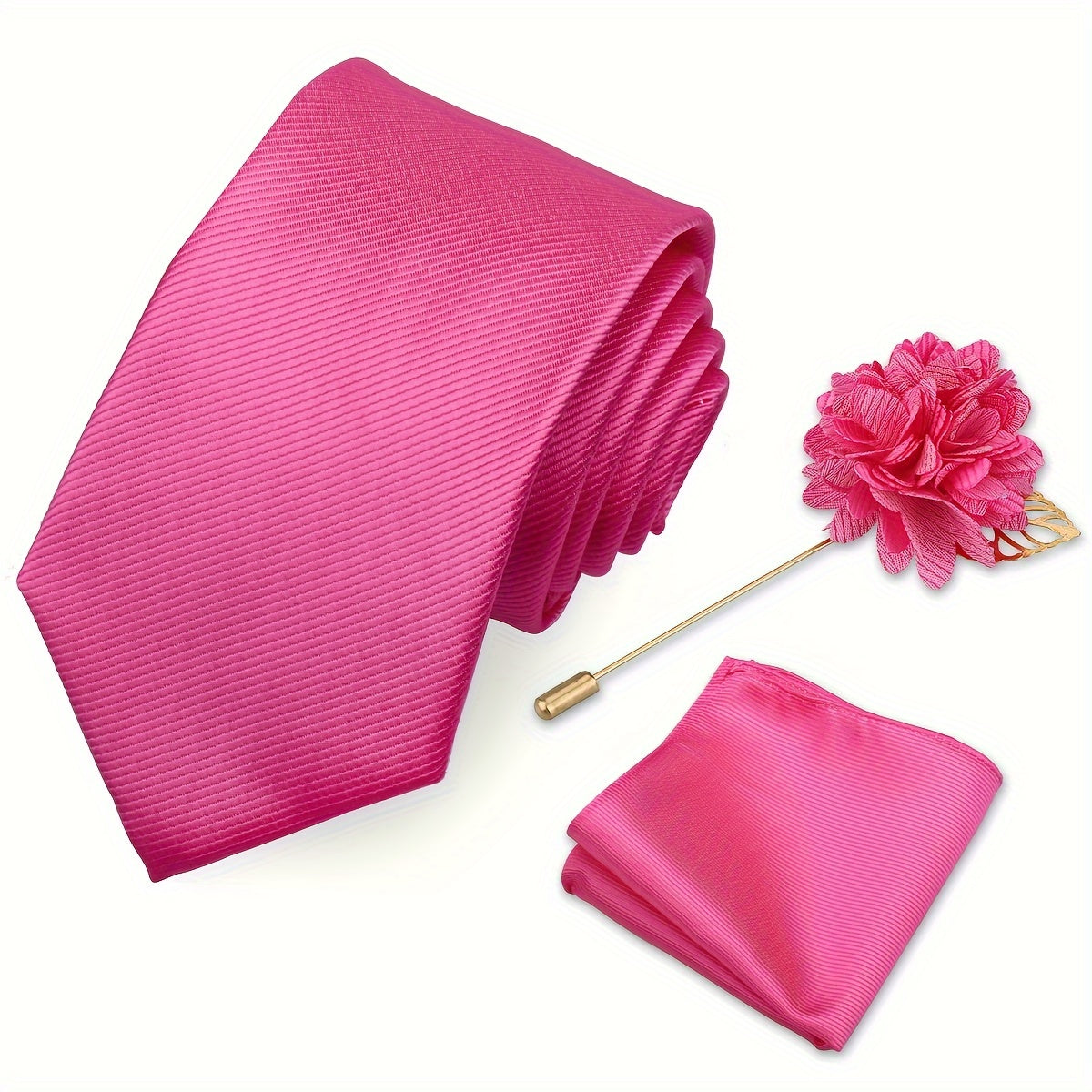 Men's Tie Set with Pocket Towel and Brooch, Classic Striped Plain Design