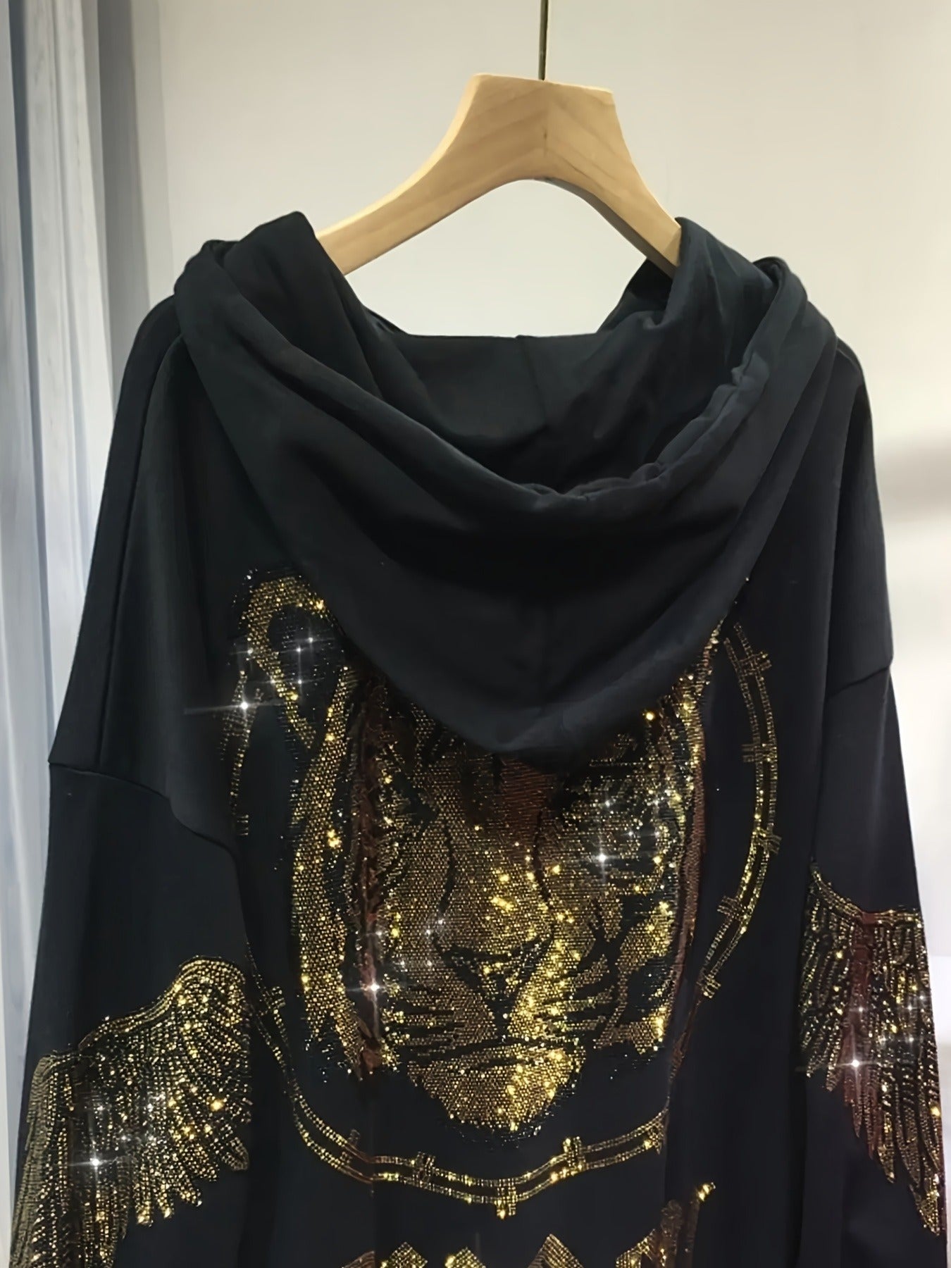 Plus Size Women's Hoodie with Sparkling Tiger Rhinestones, Geometric Pattern, Long Sleeves, Hooded, Spring Fall Knit Fabric