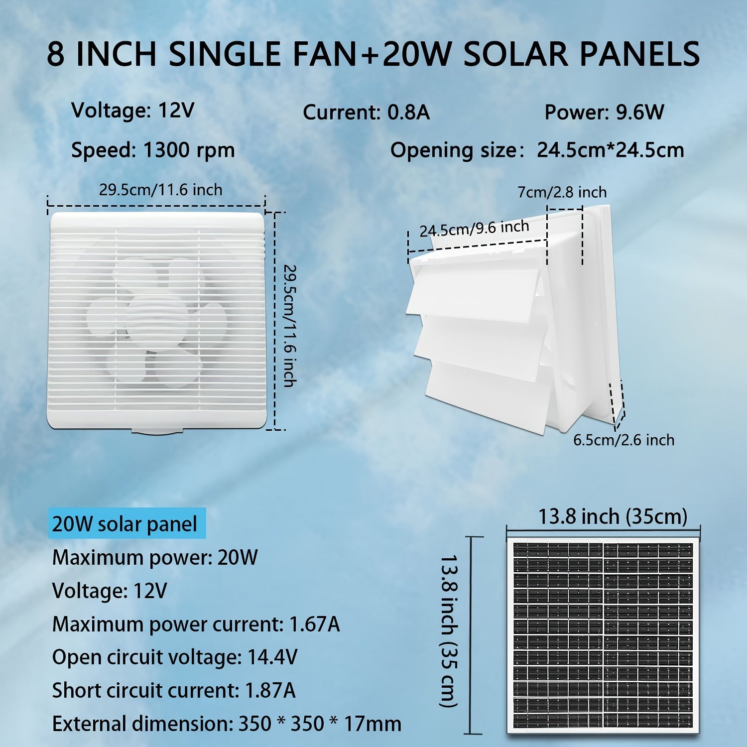 Qayta tiklanadigan batareyali quyoshli ventilyator, 25W quyoshli ventilyator to'plami va 8 dyuymli ventilyator bilan ishlaydi, issiqxona, ichki joylar va kichik binolar uchun mos.