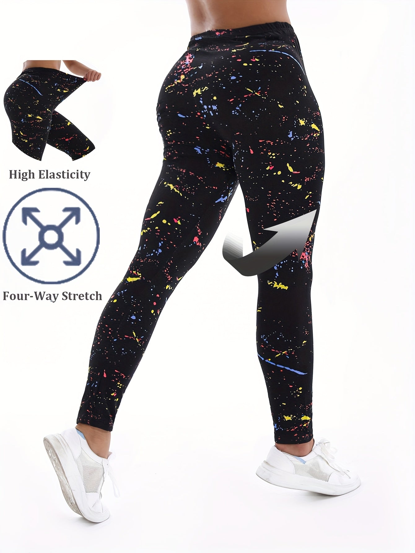 Plus Size High-Waisted Yoga Pants Black Graffiti Tie-Dye 4-Way Stretch Workout Leggings