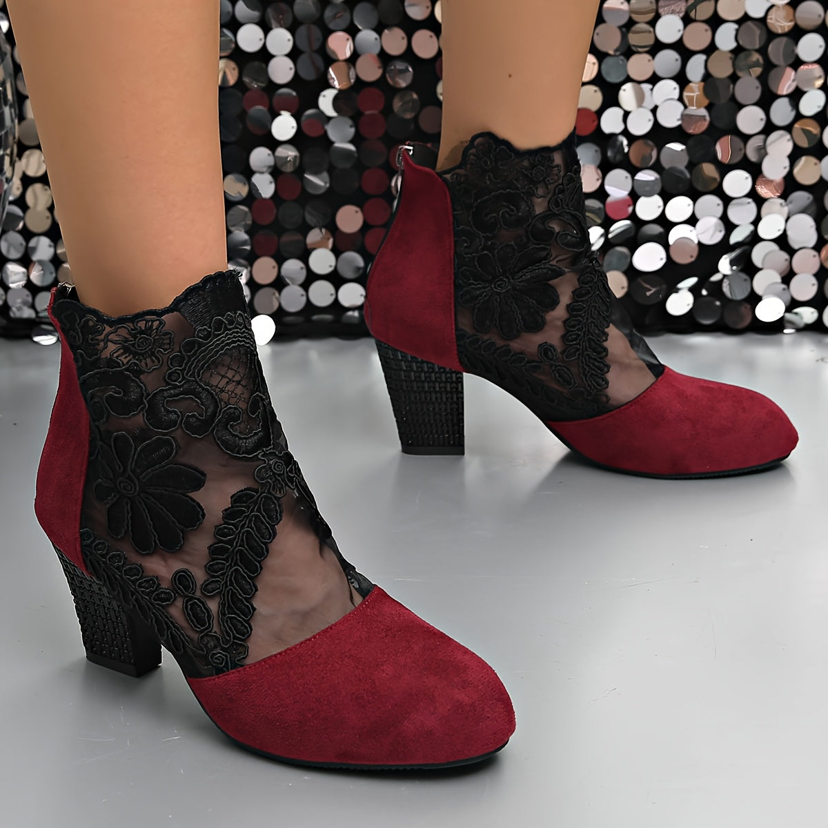 Women's Black Lace-Trimmed Mesh Ankle Boots Pointed Toe Chunky Heel