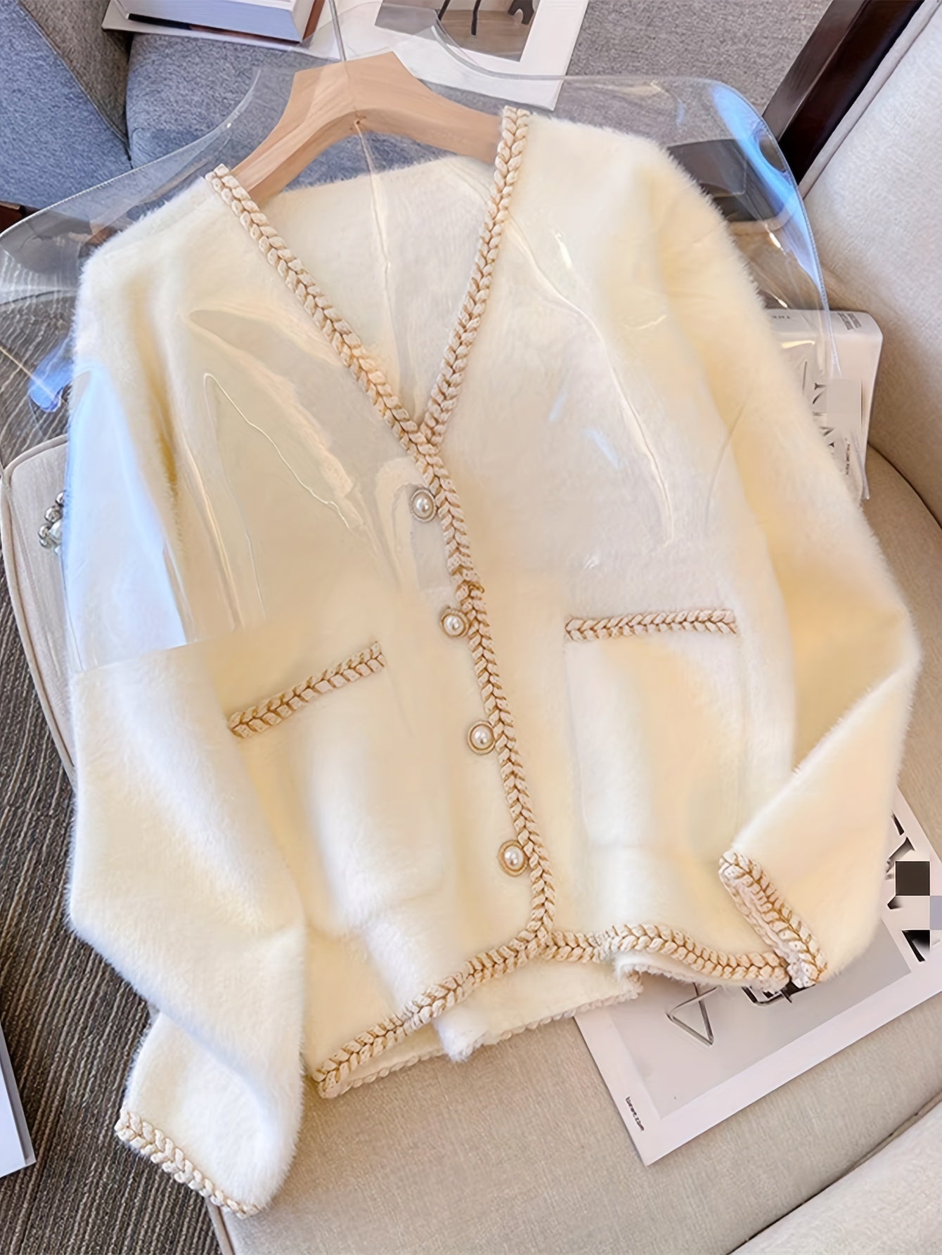 Zarif V-shaklidagi kardigan, soxta marvarid tugmalari bilan, akril va polyester aralashmasidan tayyorlangan, barcha fasllar uchun ideal.