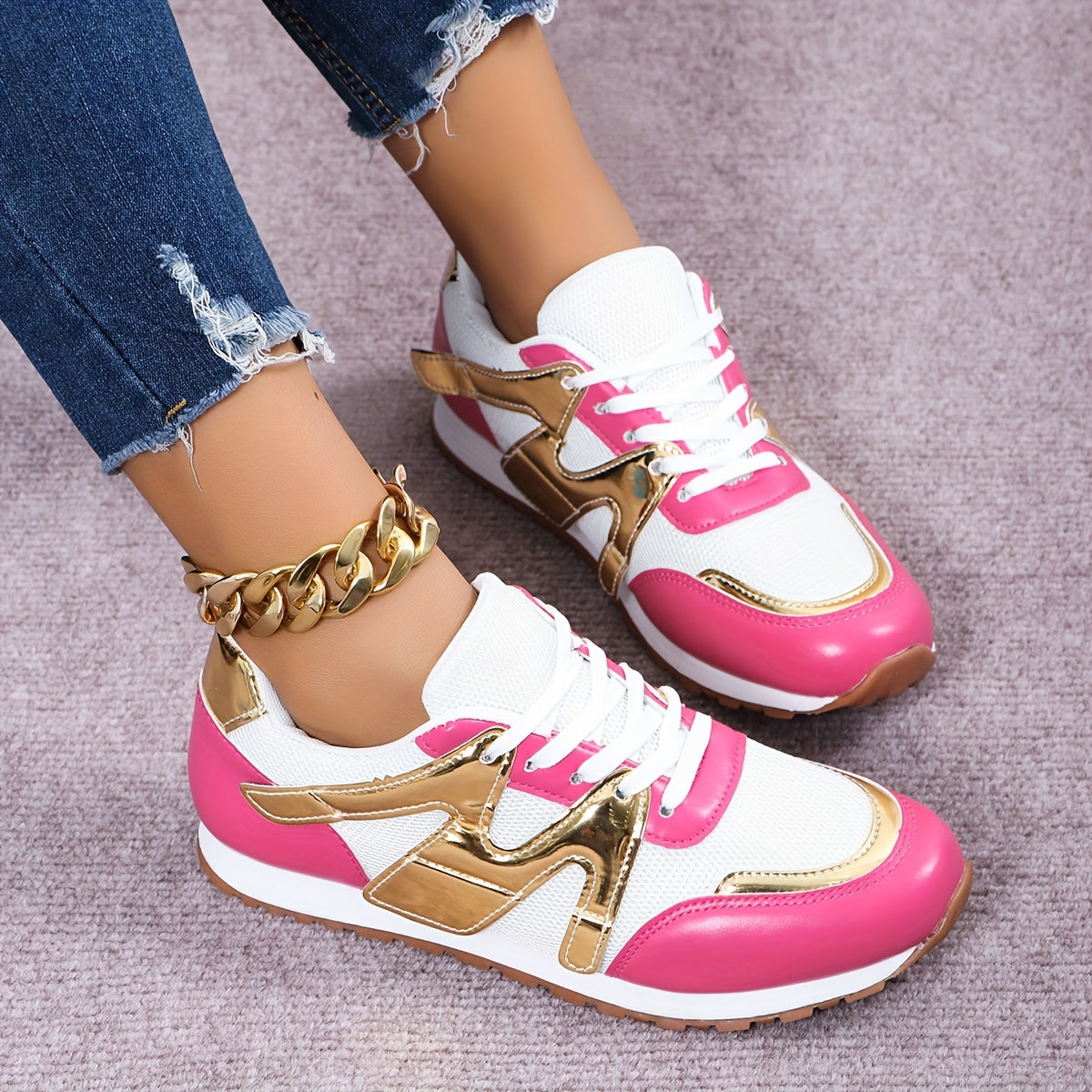 Women's Low-Top Sneakers White Fabric Pink Accents Rubber Sole Casual