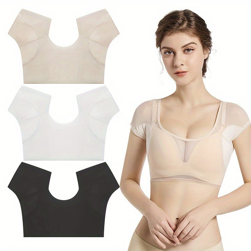 Съемный потоотводящий жилет для женщин с защитными подушечками от пота в бежевом, белом и черном цветах. Изготовлен из быстросохнущей сетчатой ткани для путешествий, спорта и активного отдыха. Предлагает