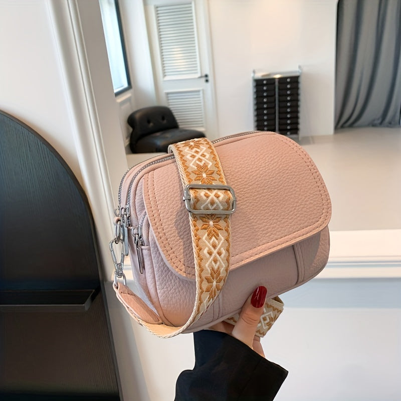 Square Crossbody Bag with Wide Strap Zipper in Solid Color PU Material