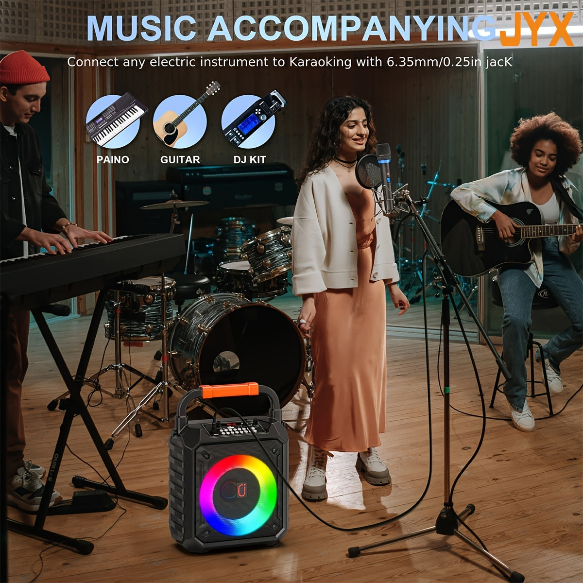 Wireless Karaoke Speaker with 6.5 Inch Driver 15W Portable PA System with Microphones and LED Lights