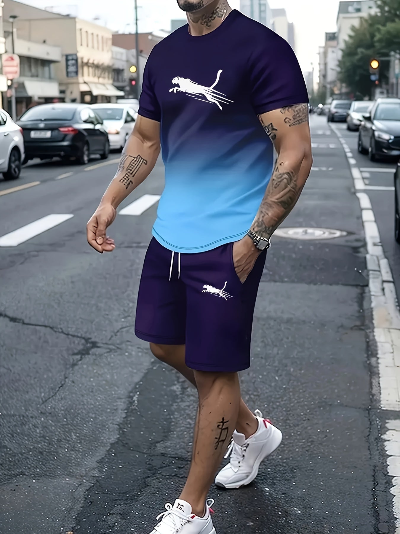 Men's Summer Casual Print Polyester Short Sleeve Sports Suit