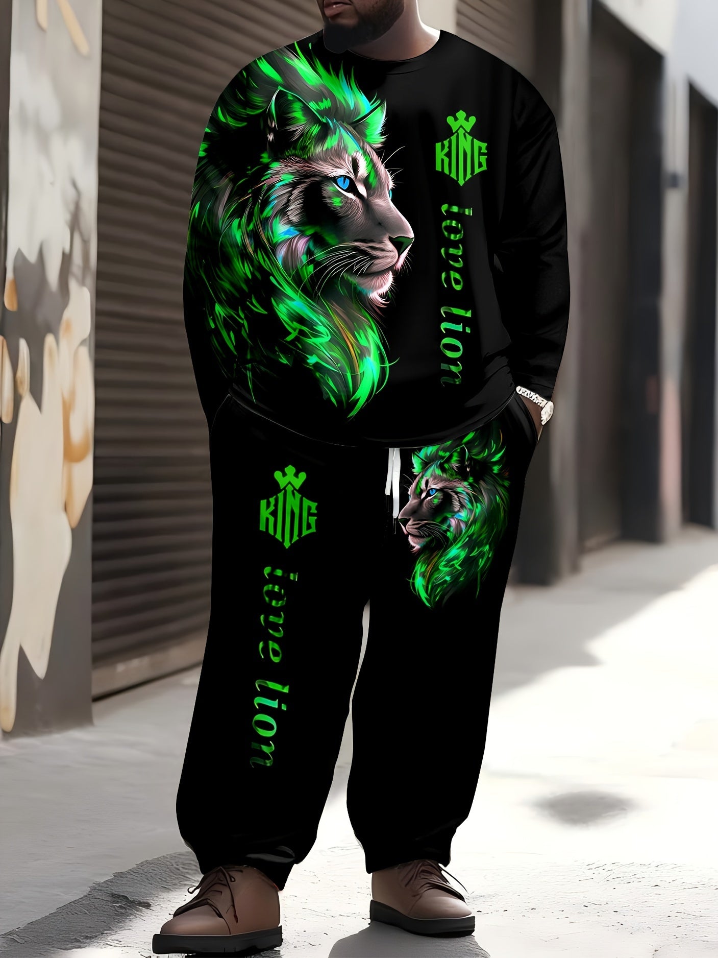 Men's Plus Size Lion Print Long Sleeve T-Shirt and Sweatpants Set Casual Sportswear for Fall Winter