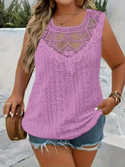 Women's Large Size Lace Contrast Stitching Sleeveless Top and Embroidered Vest