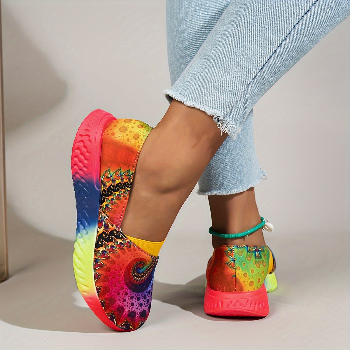 Women's Rainbow Tie-Dye Slip-On Sneakers Lightweight Casual Fabric Low Top