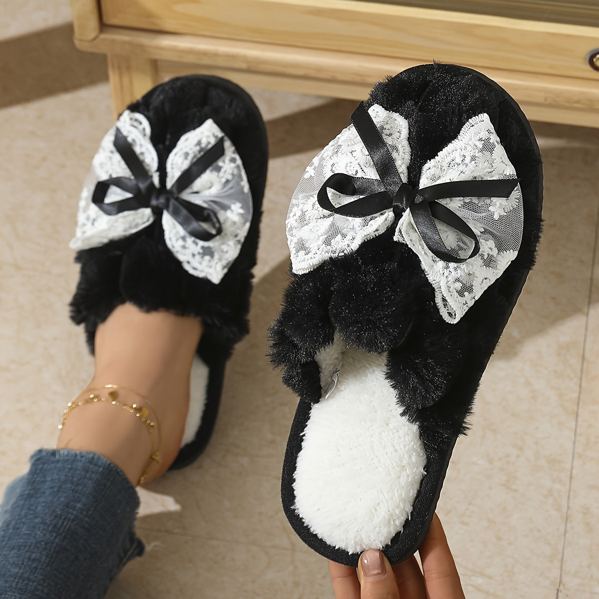 Women's Fuzzy Floral Slip-On Slippers with Non-Slip Sole Indoor House Shoes