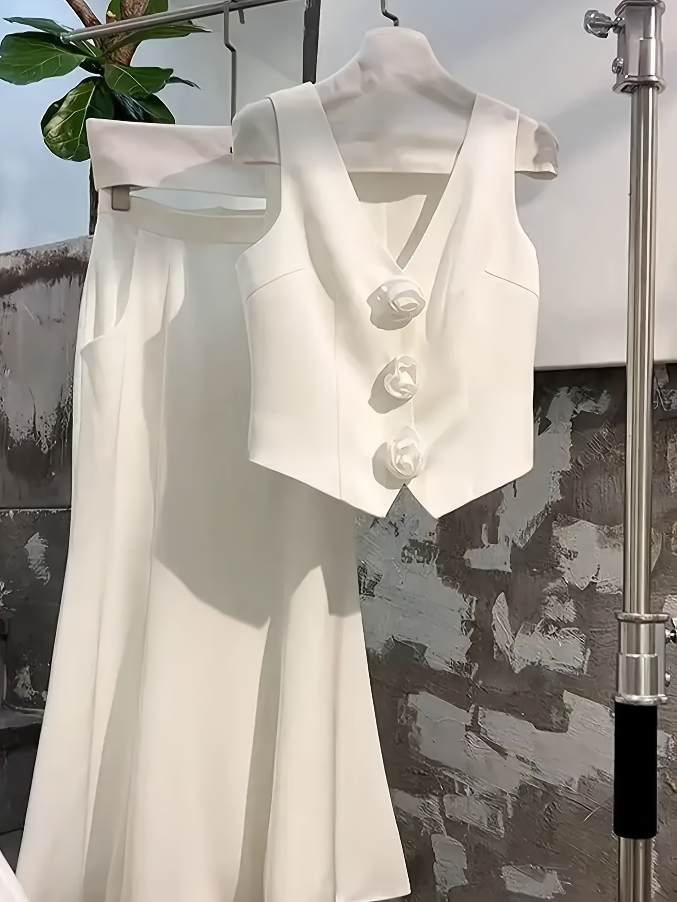 Conjunto de chaleco y falda de color sólido elegante para mujer, poliéster, primavera y verano