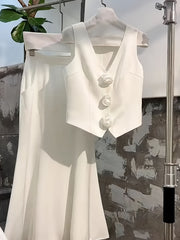 Elegant Solid Color Vest and Skirt Set for Women Polyester Spring Summer
