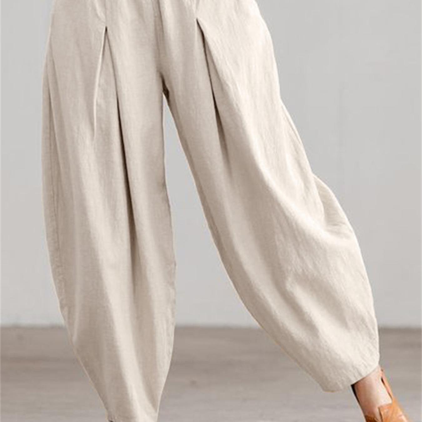 Pantalones anchos de mujer talla grande beige, casual, de corte suelto, con cintura elástica