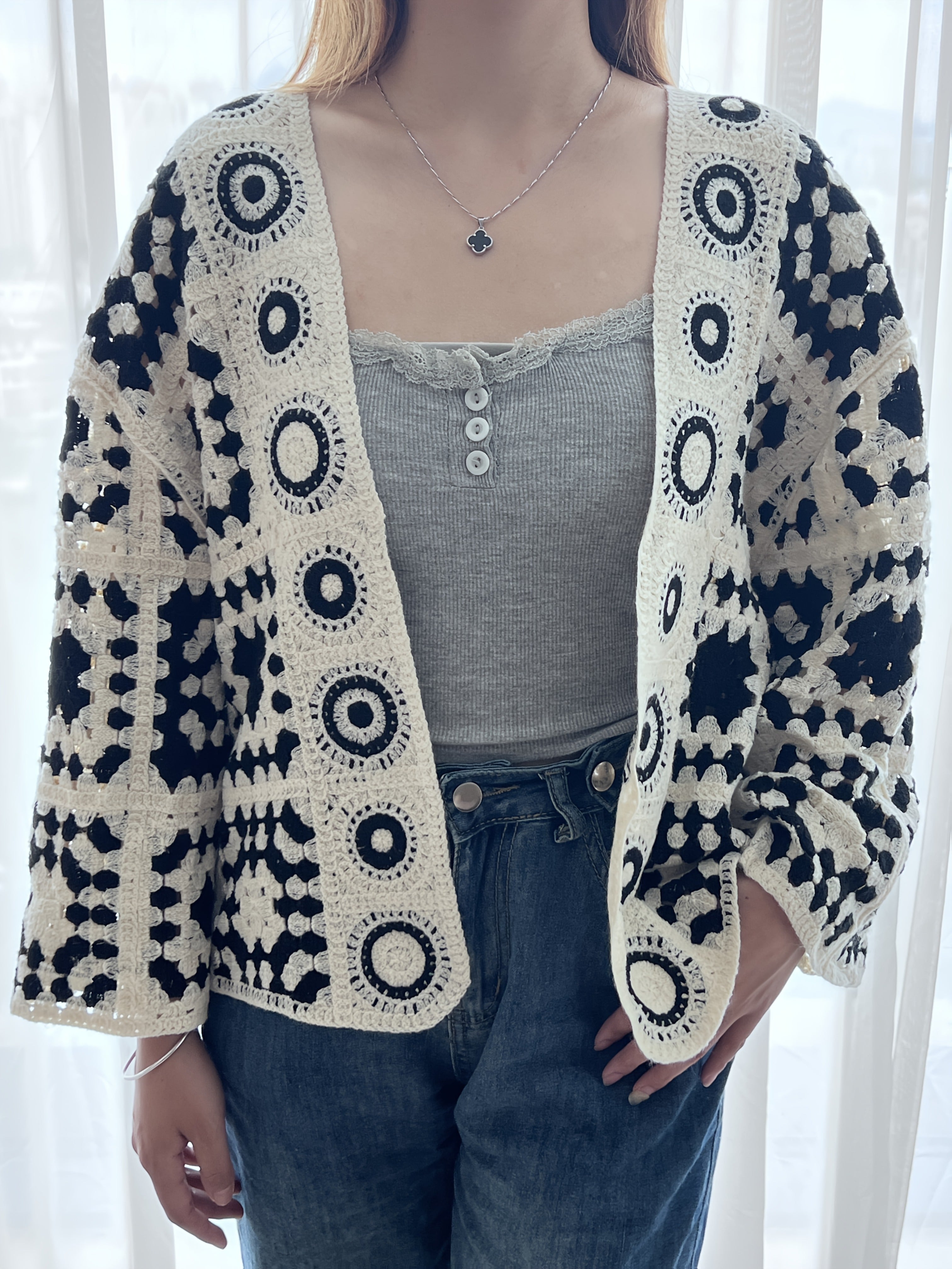 Women's Plus Size Bohemian Cardigan Sweater Black and White Geometric