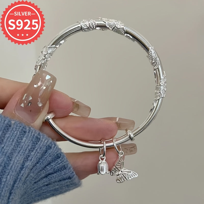 Pulsera ajustable de plata de ley con colgante de flor y mariposa joyería