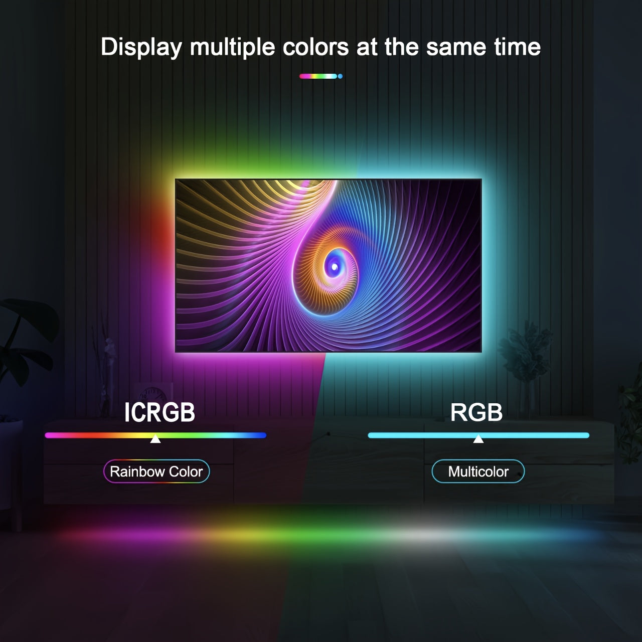 Умная RGB LED подсветка для телевизора с синхронизацией музыки, регулируемой яркостью и цветными режимами - управление через приложение и пульт. Подходит для игр, вечеринок и домашнего декора. Длина 1-5 м, питание от USB.