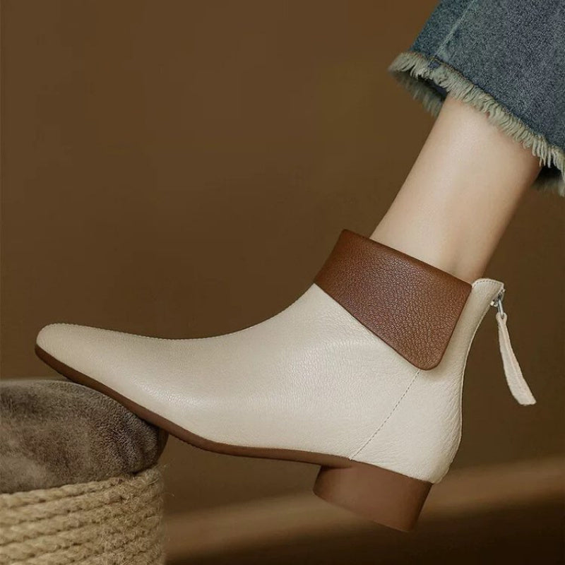 Women Ankle Boots Faux Cover Leather Mid-Heel Side Zipper Pointed Toe