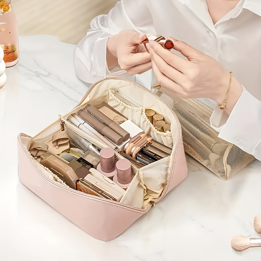 Large Capacity Faux Leather Makeup and Toiletry Organizer with Zipper and Handle