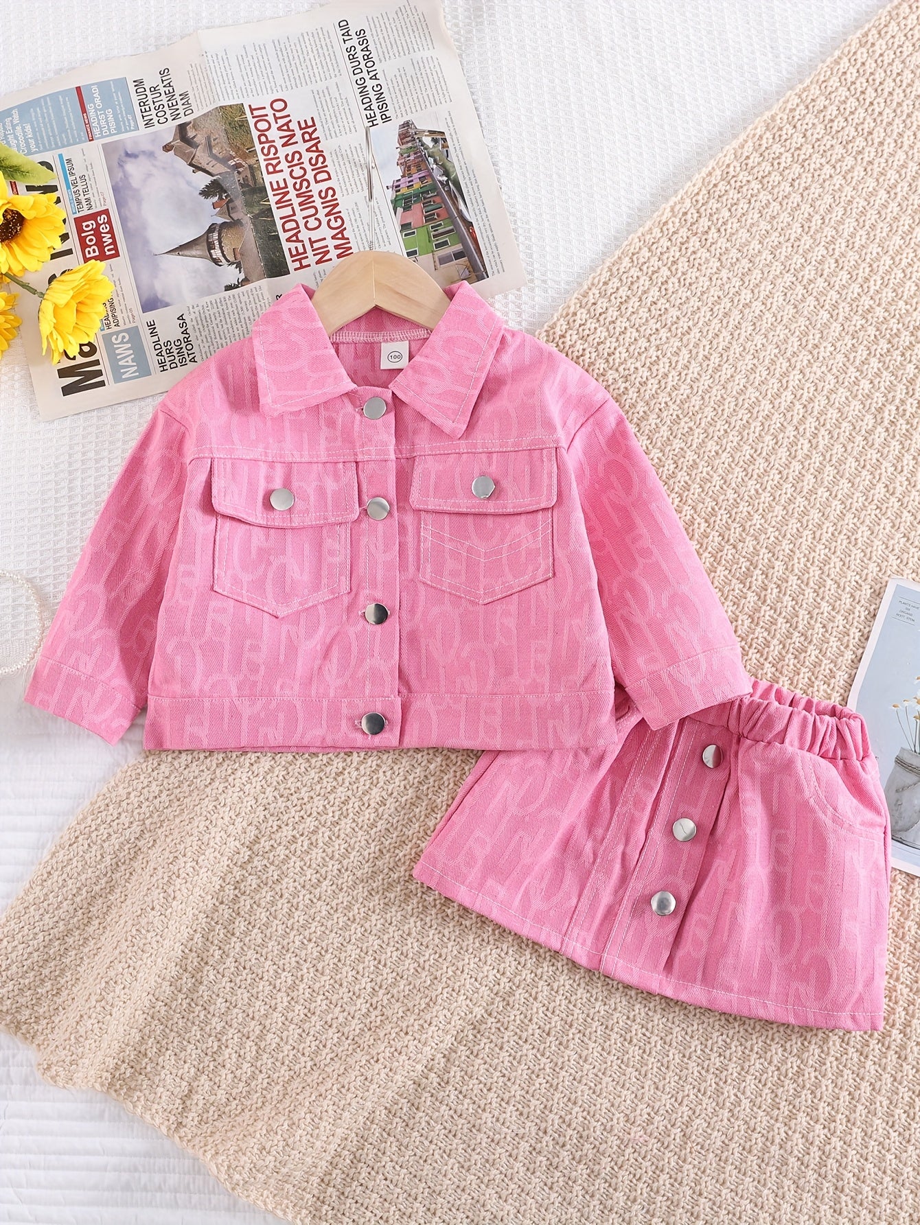 Bolalar uchun pushti jacquard denim kurtka va yubka to'plami, kundalik bahor va kuz