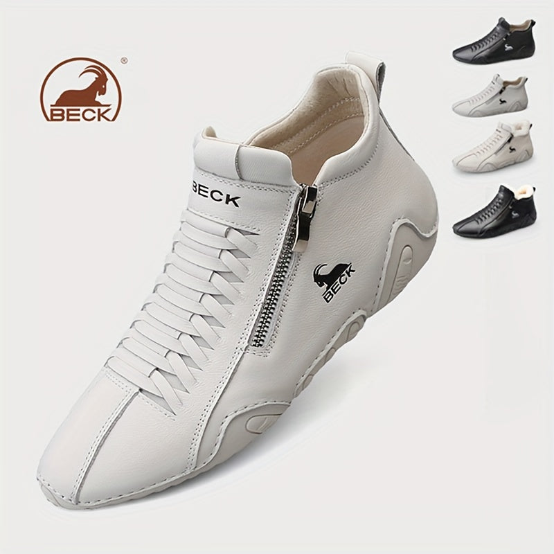 Men's Casual Leather Shoes with Non-Slip Rubber Sole and Zipper Closure