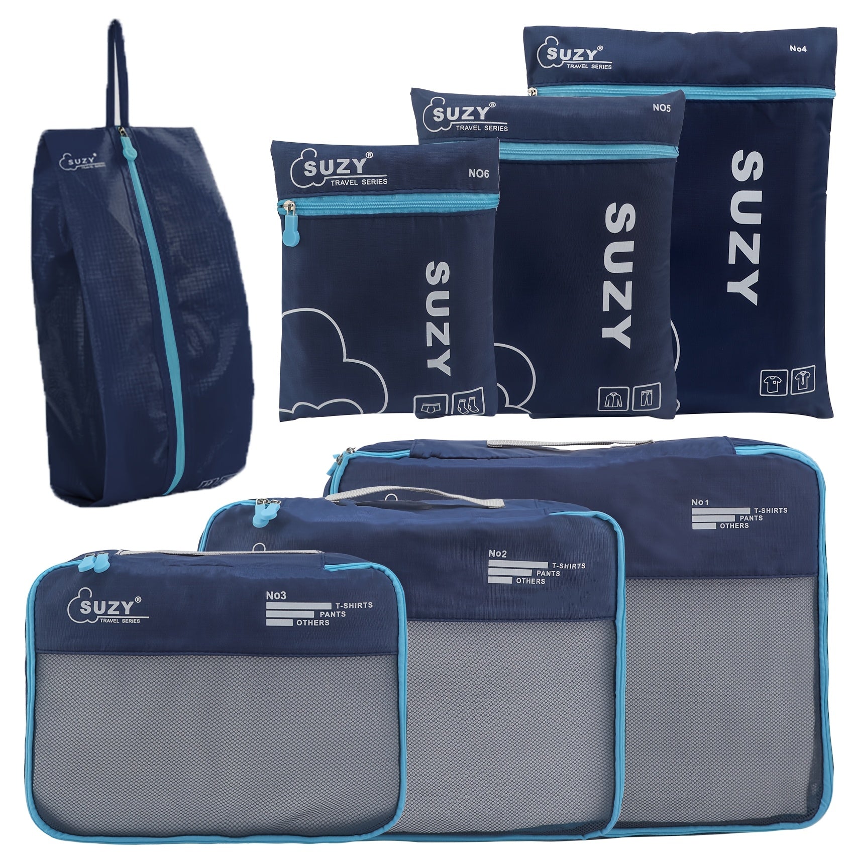 7-Piece Navy Blue Polyester Packing Cubes with Orange Accents for Travel Luggage Storage