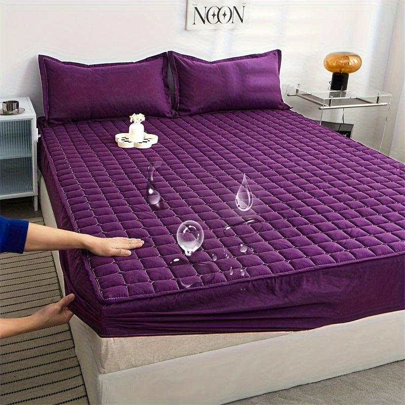 Waterproof Quilted Fitted Sheet for Mattress Bed Cover Solid Color 1 Piece