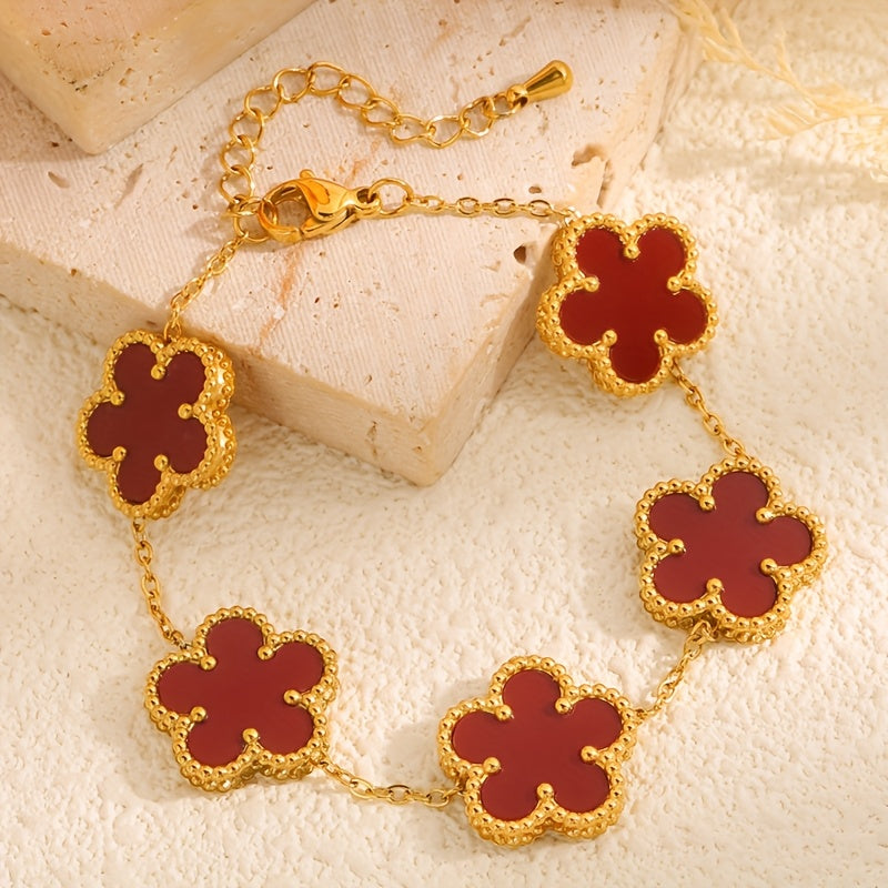 Set of 4 Gold Plated Stainless Steel Flower Bracelets with Rhinestones Boho Style for Women