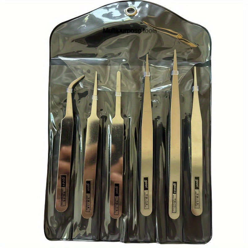 6pcs Stainless Steel Tweezers Set for DIY, Succulent Care, Home Use with Straight and Curved Tips