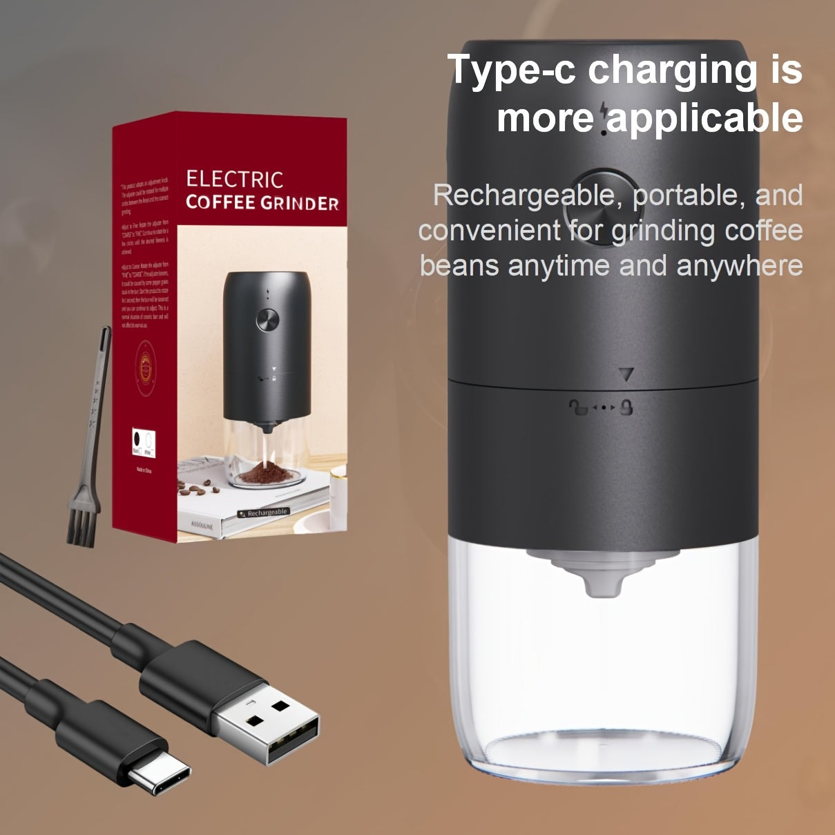 Qora rangdagi portativ USB qayta zaryadlanadigan qahva maydalagich, shisha bankasi bilan. Qahva donlari va ziravorlar uchun sozlanadigan maydalash o'lchami. Uy, ofis va sayohat uchun ideal. Ko'p funksiyali ziravorlar