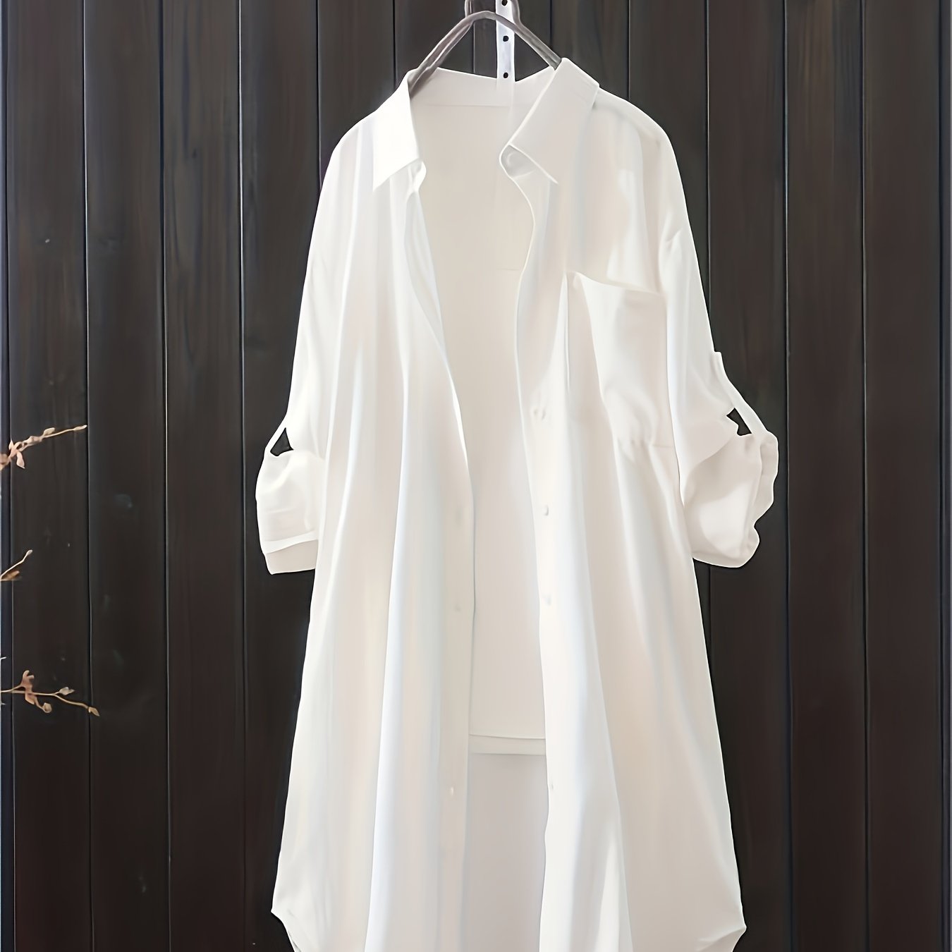 Women's Casual Oversized Midi Shirt with Lapel Collar and Button Details in Polyester Spandex Blend