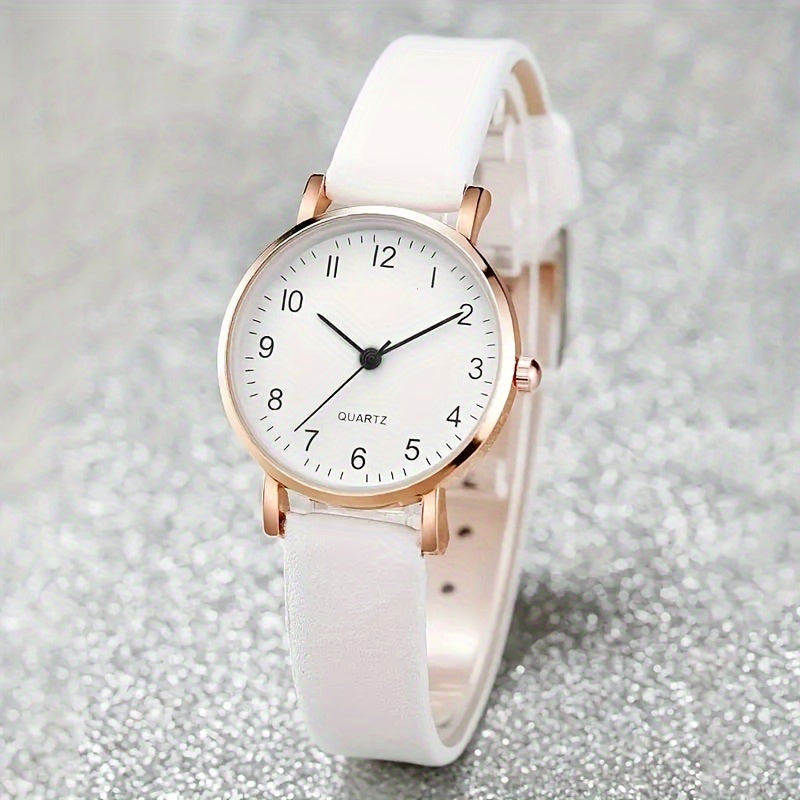 Women's Quartz Watch with PU Leather Band and Butterfly Jewelry Set, Stylish Round Alloy Case
