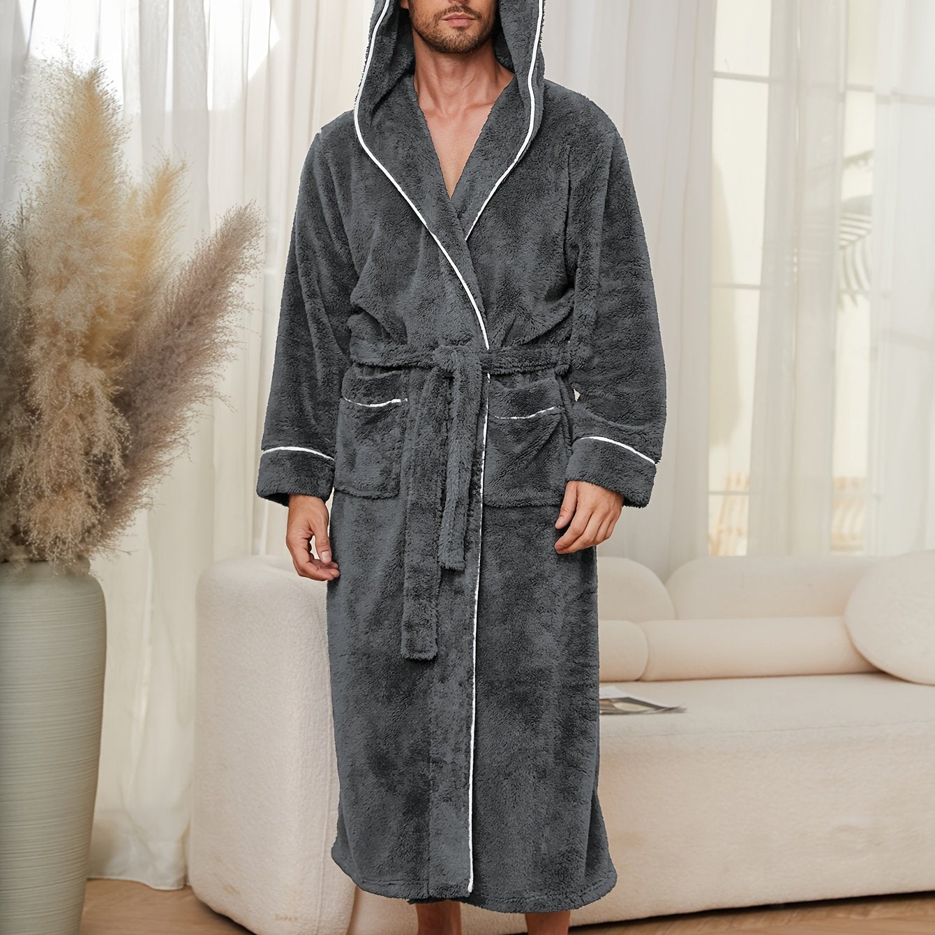 Men's Flannel Fleece Robe with Hood Pockets Belt for Fall Winter Lounge