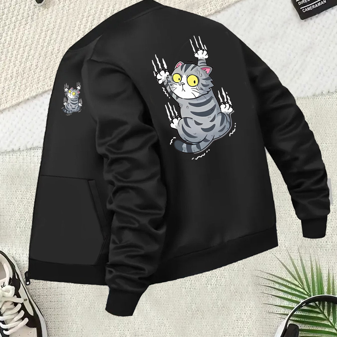 Women's Plus Size Casual Jacket Black Cartoon Cat Print Zip-Up Pockets