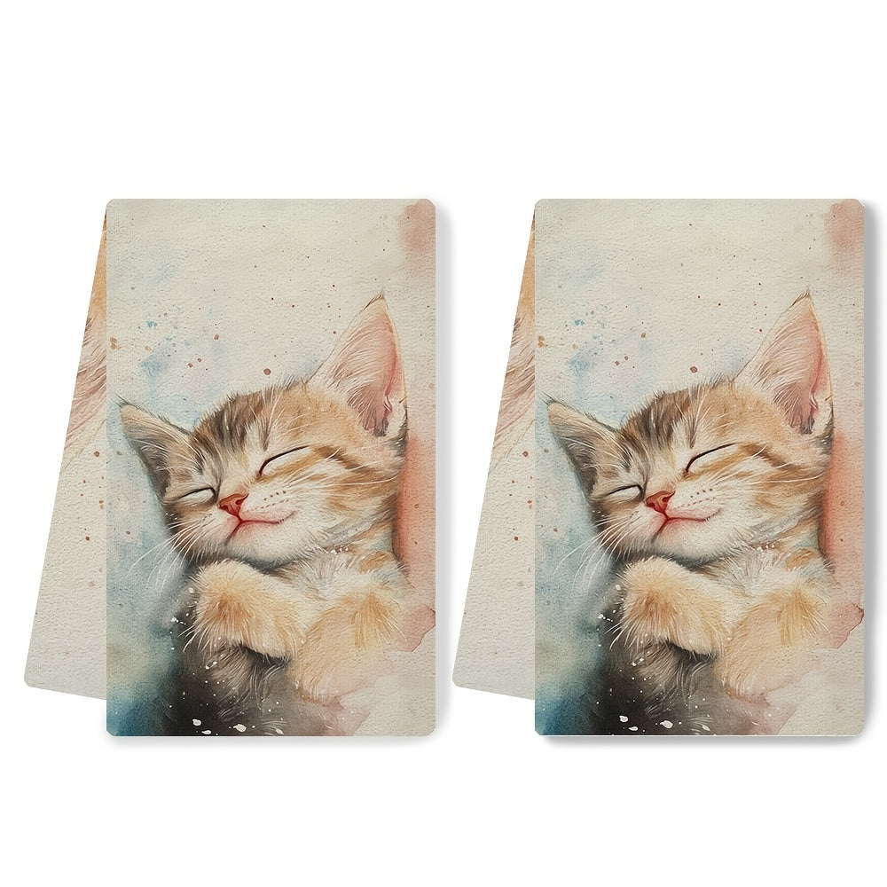 Set of 2 Ultra-Soft Kitchen Towels with Dreaming Kitten Design, Highly Absorbent