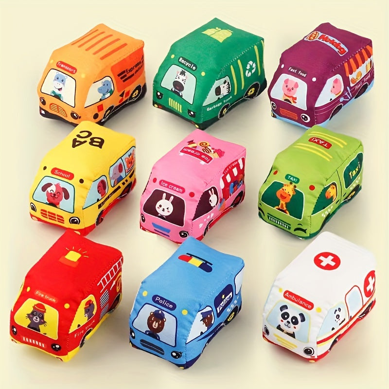 Bola chaqaloqlar uchun mato avtomobil o'yinchoq, saqlash sumkasi bilan, ovozli qog'oz va transport mavzusidagi dizayn.