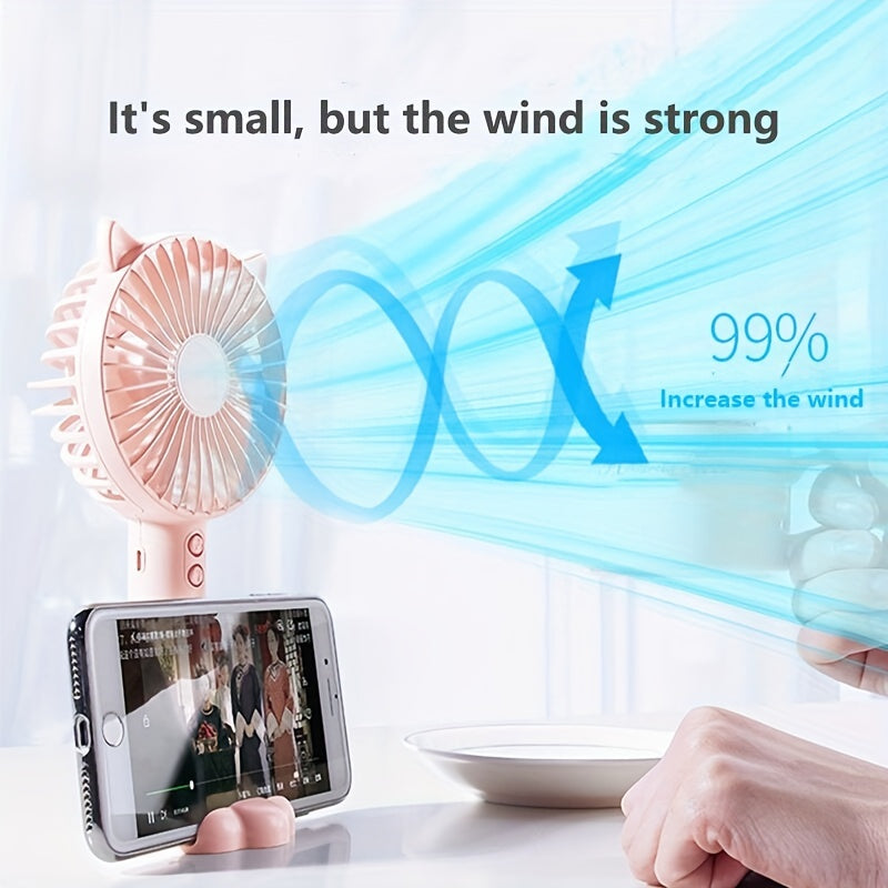 Compact USB Handheld Fan with Bunny Ears, Quiet Operation, Night Light