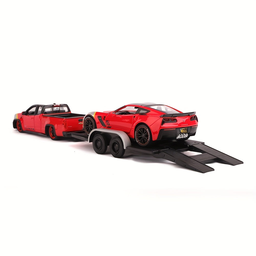 Juego de coches de juguete de aleación roja a escala 1:24 para niños con camiones y corvettes