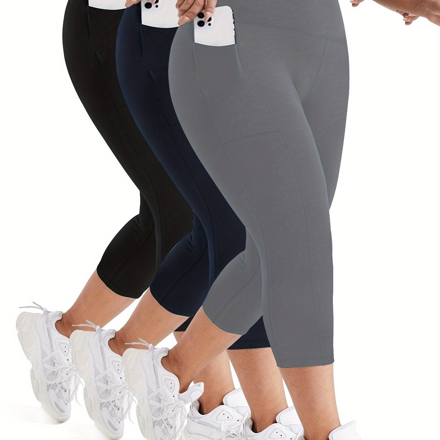 Women's Plus Size High-Waisted Yoga Pants with Pockets Solid Color 3-Pack